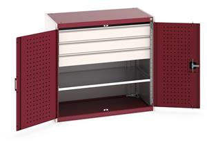 40021203.** Bott cubio kitted cupboard with lockable steel perfo lined doors 1050mm wide x 650mm deep x 1000mm high.  Supplied with 3 x 125mm high drawers and 2 x metal shelves.   Drawer capacity 75kgs, shelf capacity 100kgs....